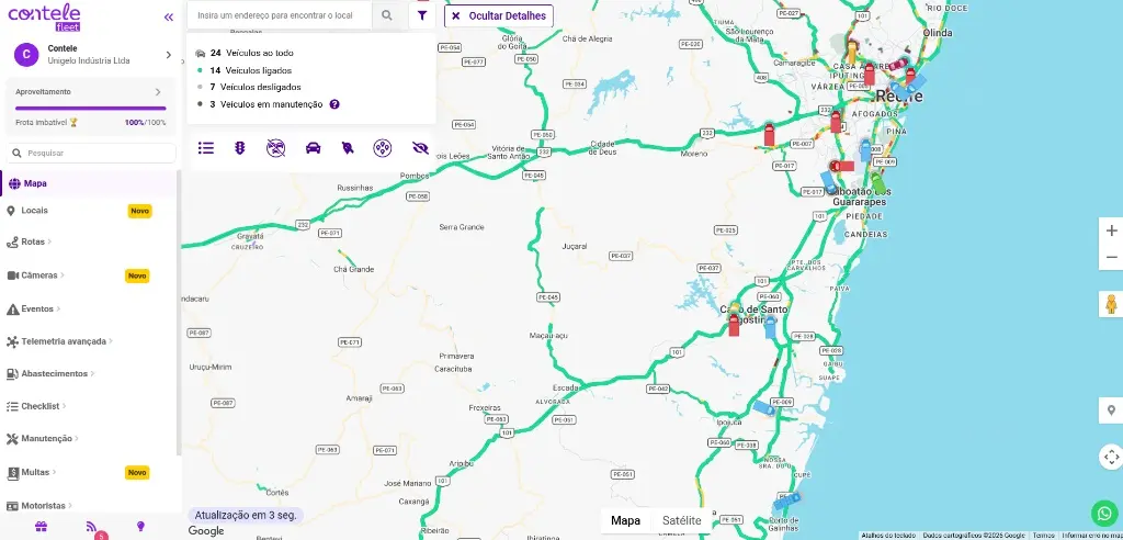 Visão geral dos veiculos no mapa e status dos veículos