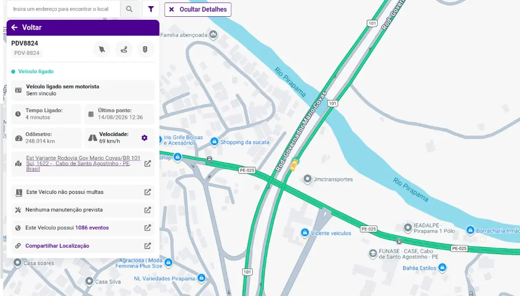 Acesso detalhado aos veículos de forma individual e compartilhamento da localização do motorista