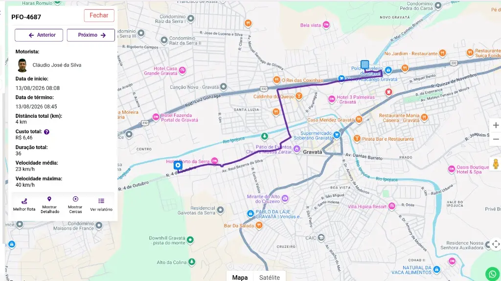 Trajeto detalhado no mapa com indicação de velocidade